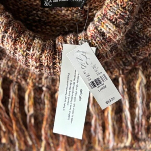 New York & Co L Brown Orange Shawl Collar Fringe Ribbed Fall Knit Boho Heritage - Picture 5 of 5